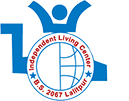 Logo of ILC Nepal. A illustration of person in wheelchair with both hands up.